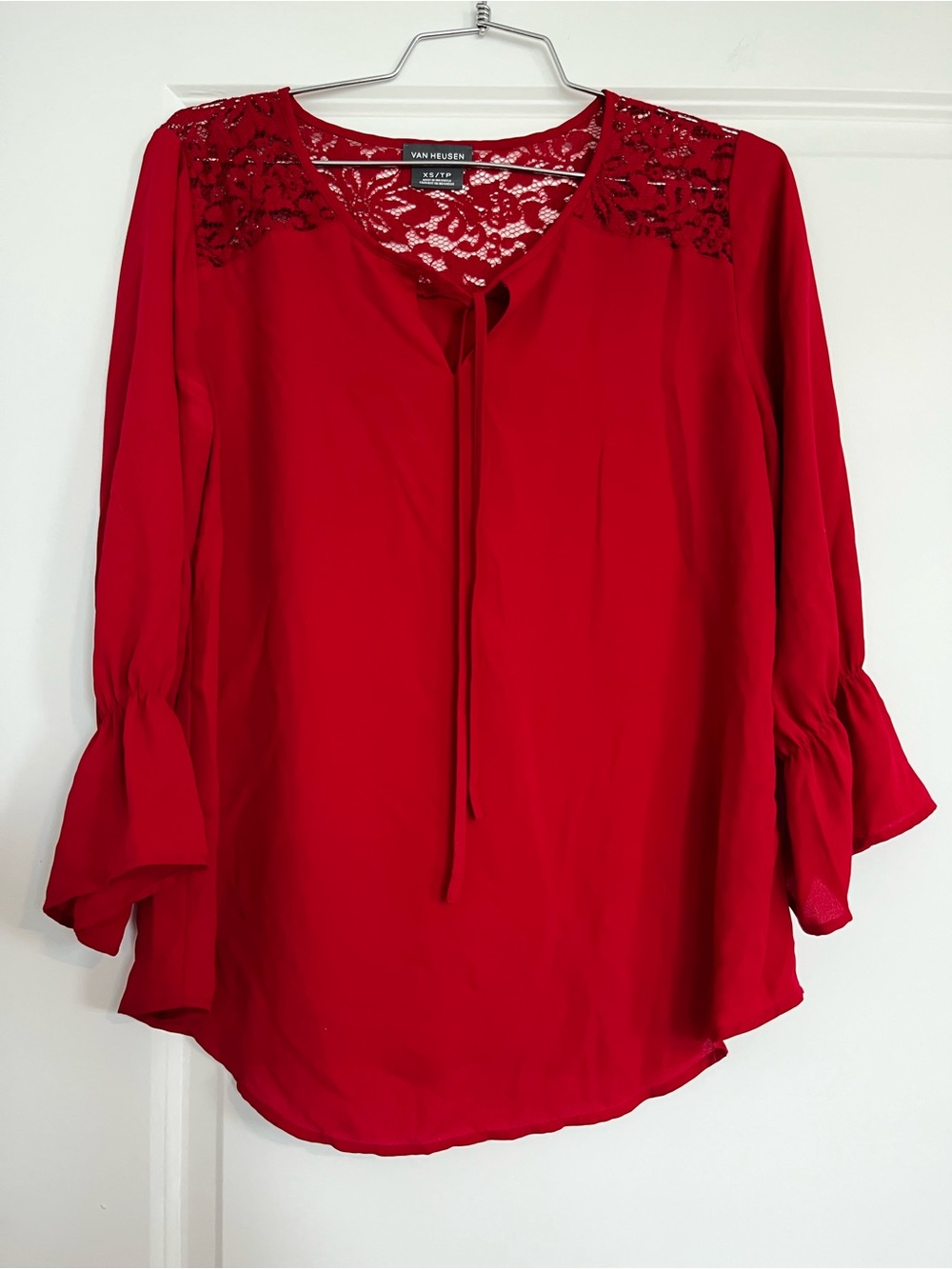 Van Heusen Scarlet Red Lace Yoke Tie-Front Blouse
